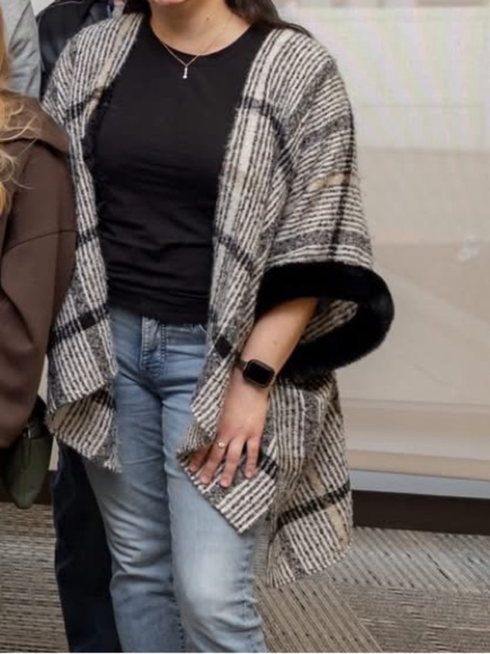 Plaid Poncho Sweater with Fur Trim